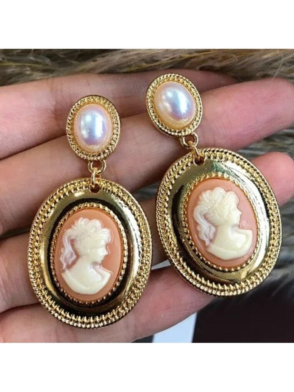 18K Gold Plated Cameo Drop Earrings | Pearl Accent  Vintage-Style Dangle Jewelry
